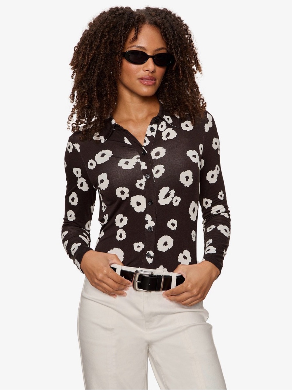 Sanctuary Black Button-Down Top with White Floral Print